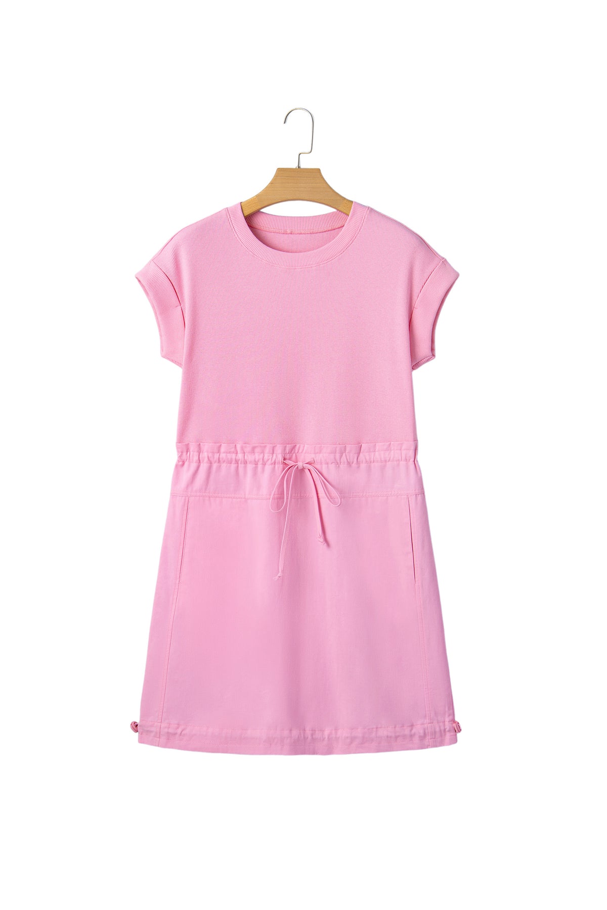 Bonbon Cuffed Short Sleeve Mix Fabric Patchwork Drawstring Mini Dress