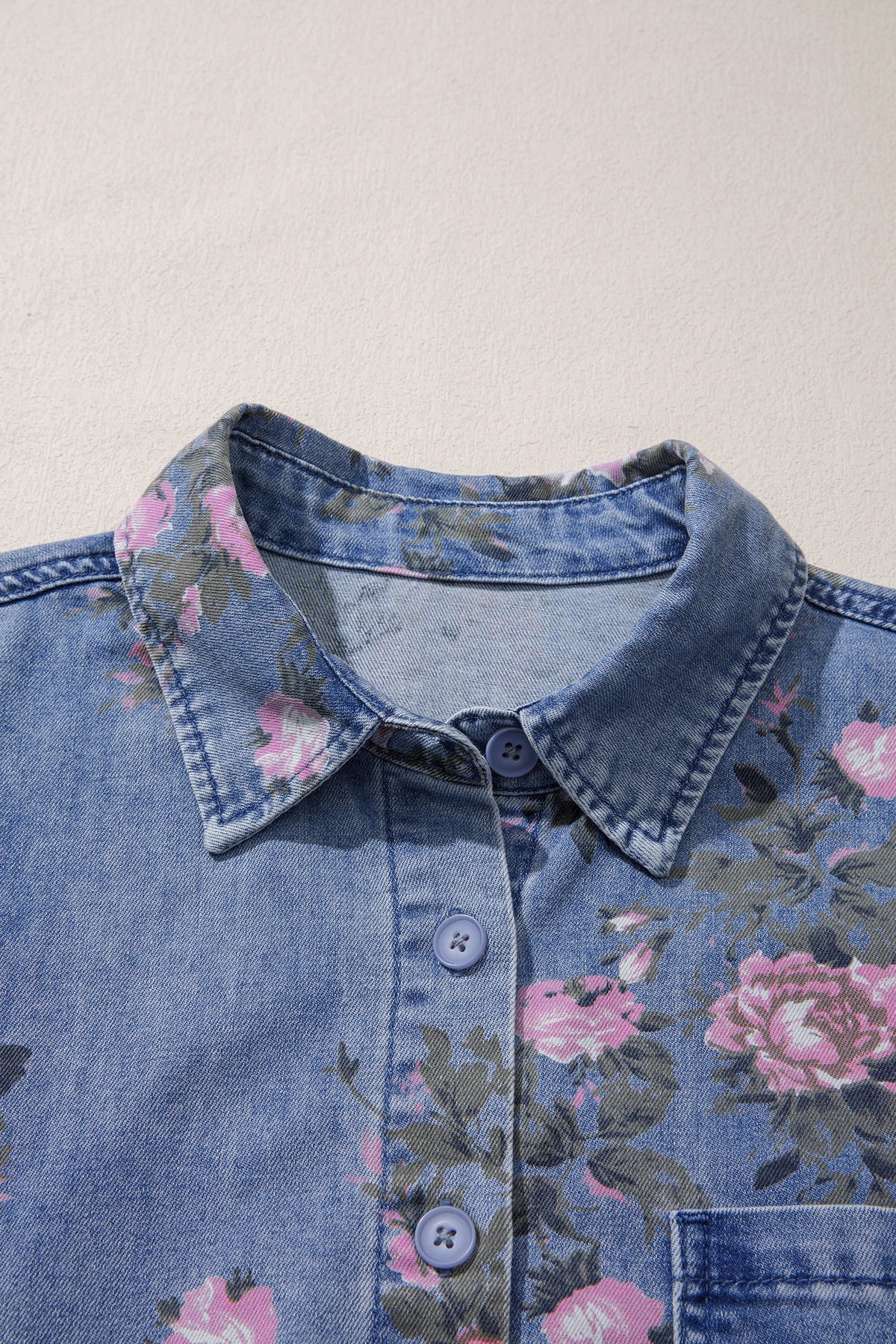 Blue Bracelet Sleeve Floral Denim Shirt
