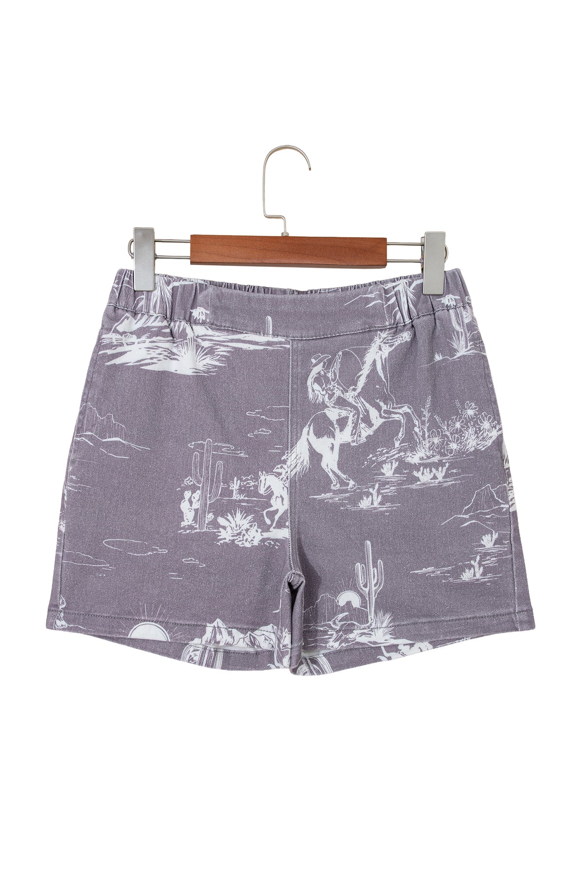 Gray Western Print Elastic Waist Cotton Denim Shorts