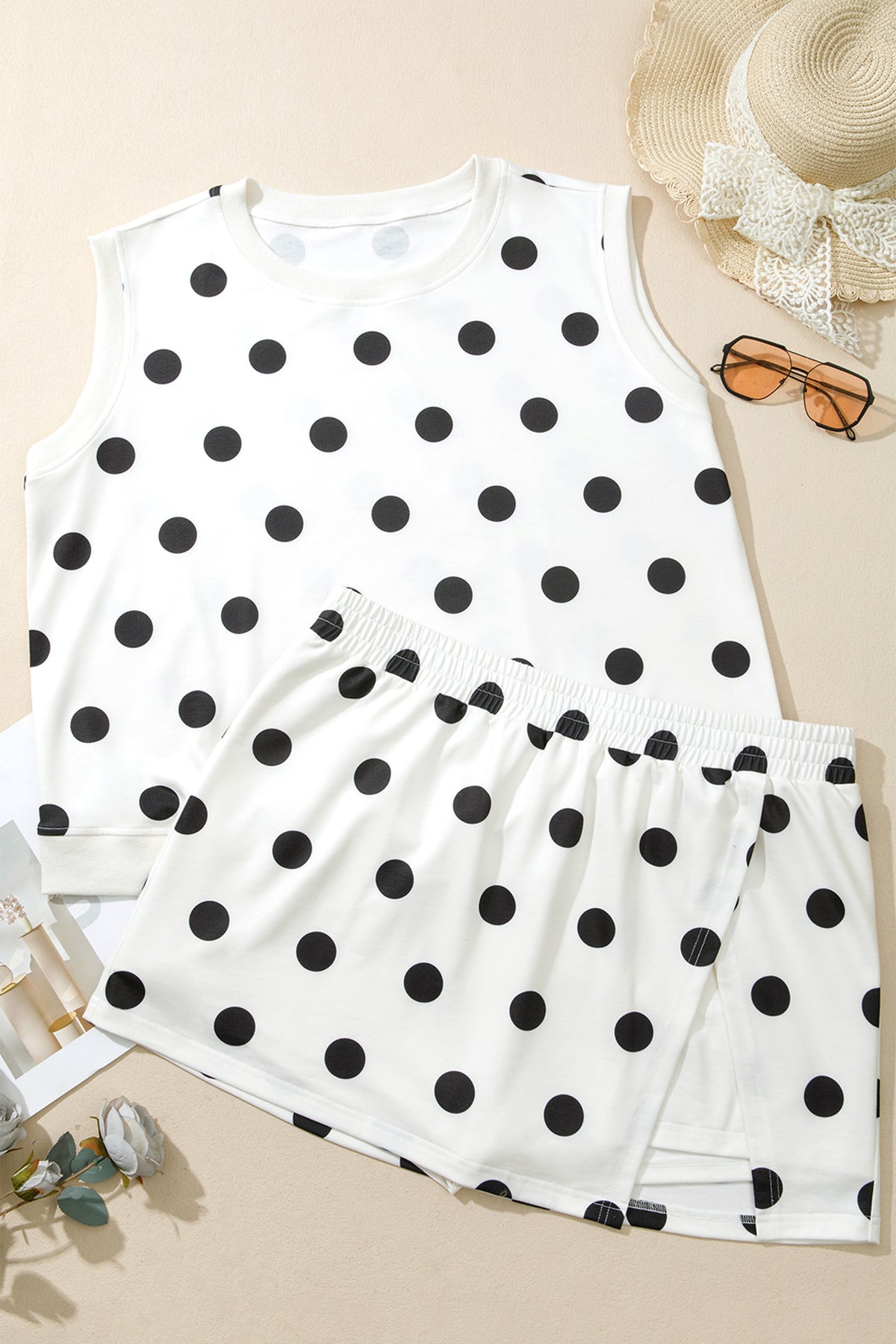 White Plus Size Polka Dot Printed Tank Split Skort 2pcs Outfit