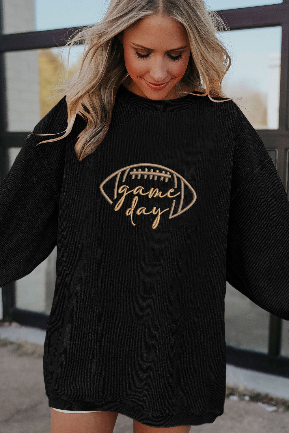 Black Football Game Day Embroidered Corduroy Sweatshirt