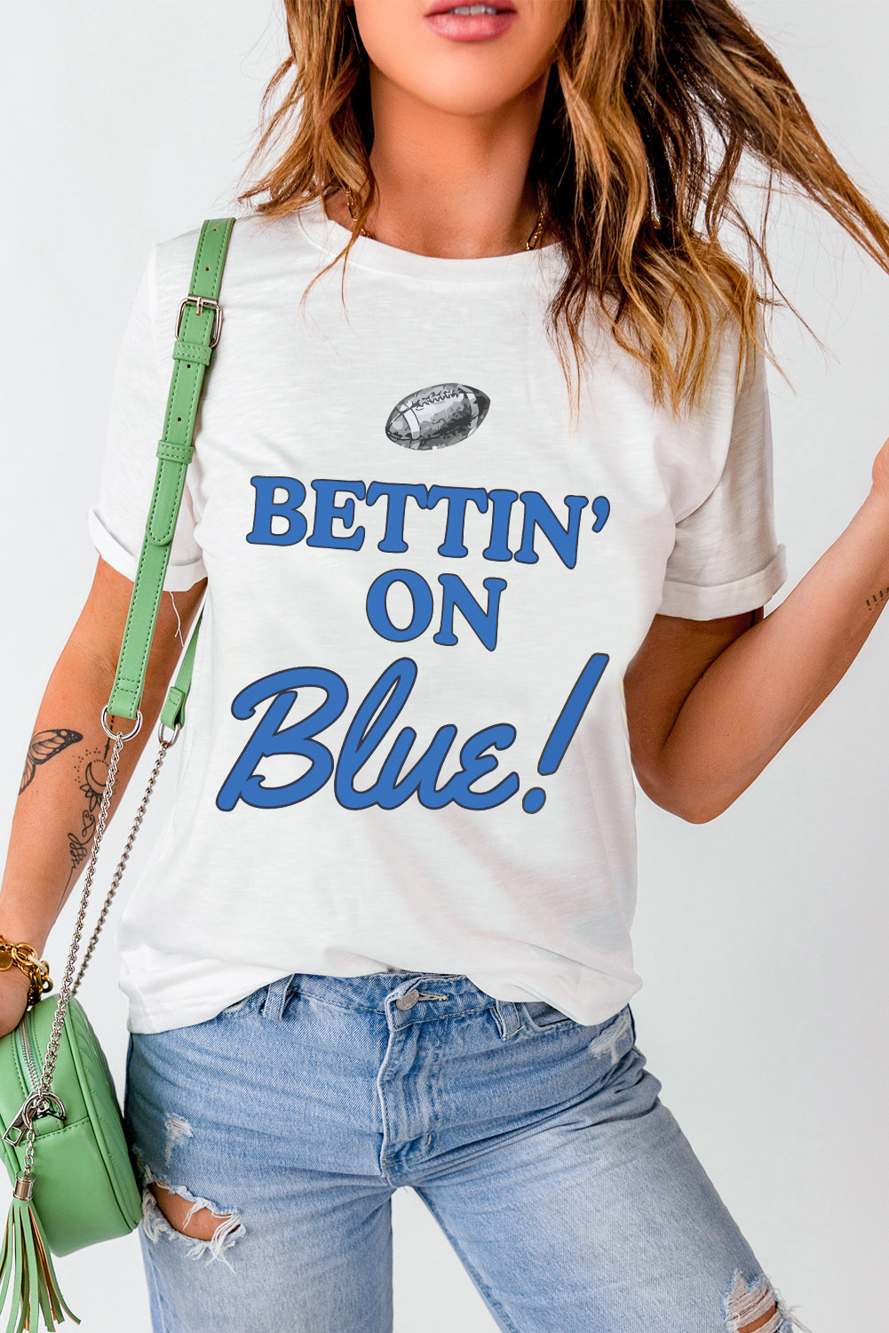 White Football BETTIN ON BLUE Graphic Crewneck T Shirt