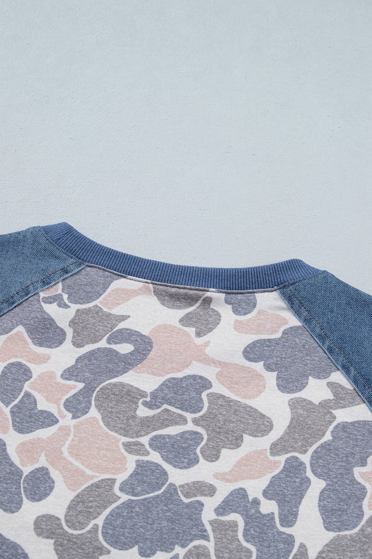 Multicolor Camouflage Print Denim Color Block Sleeve Casual Tee