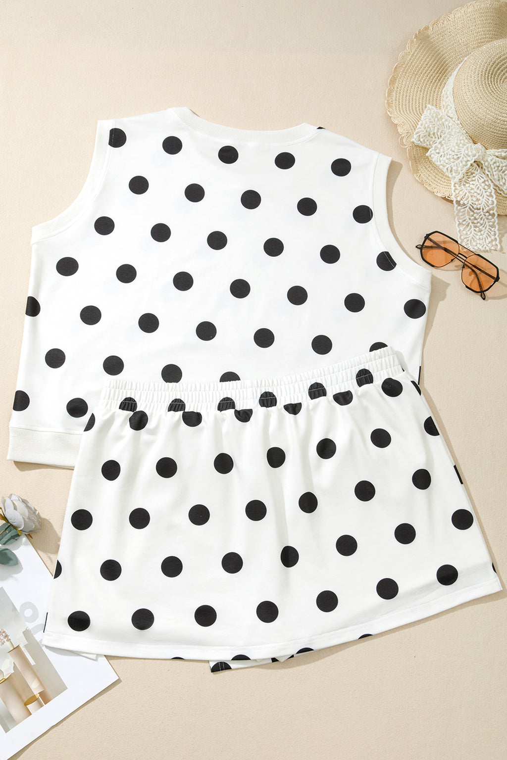 White Plus Size Polka Dot Printed Tank Split Skort 2pcs Outfit