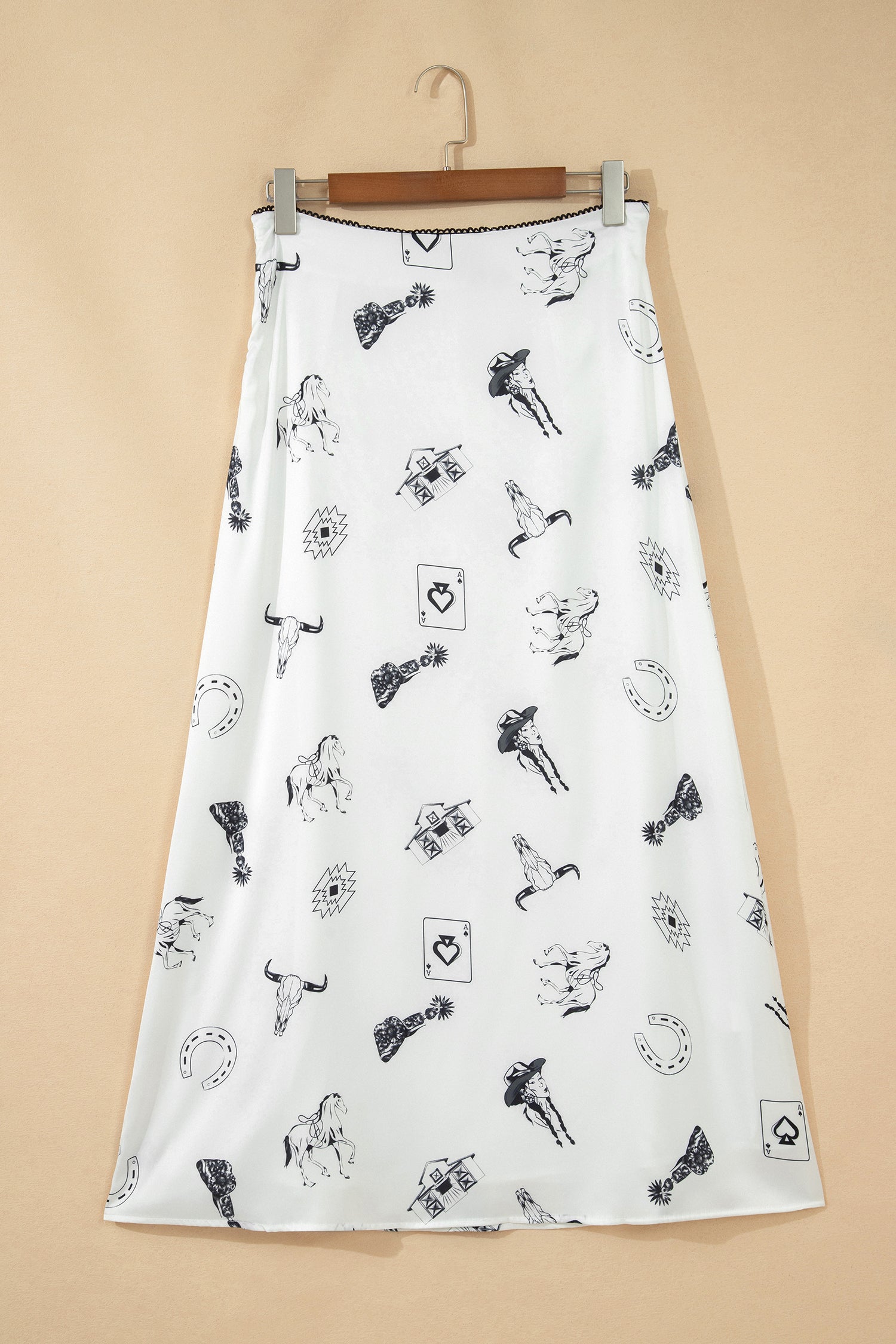 White and Black Western Print Satin Long Skirt