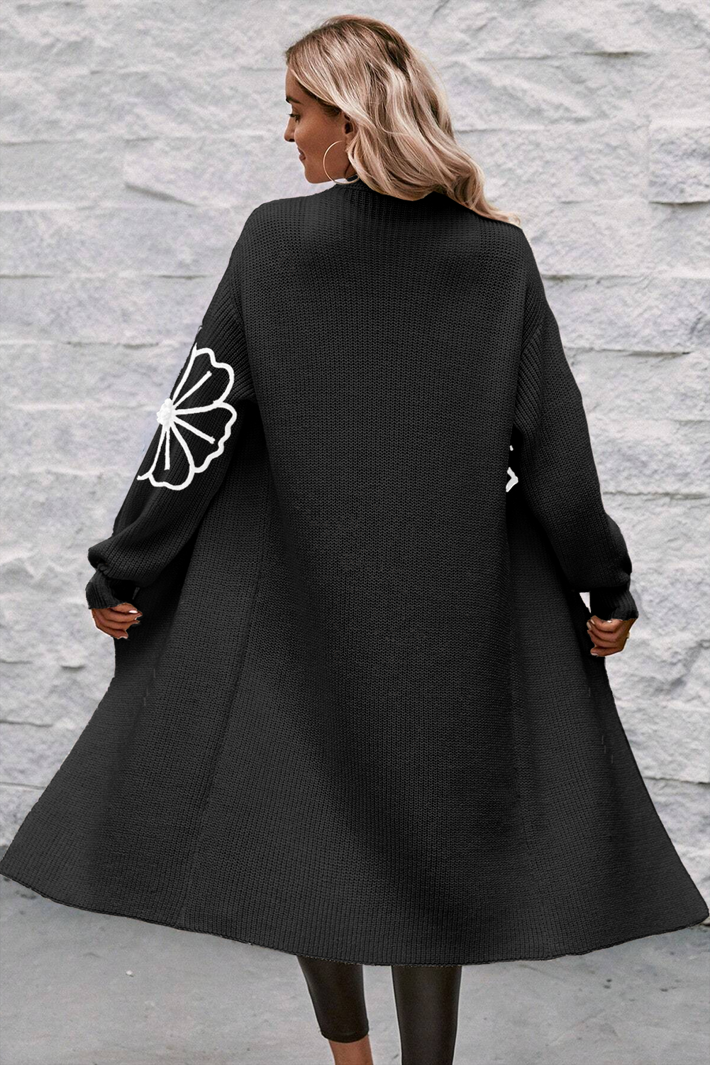 Beige Flower Embroidered Drop Shoulder Open Front Duster Cardigan