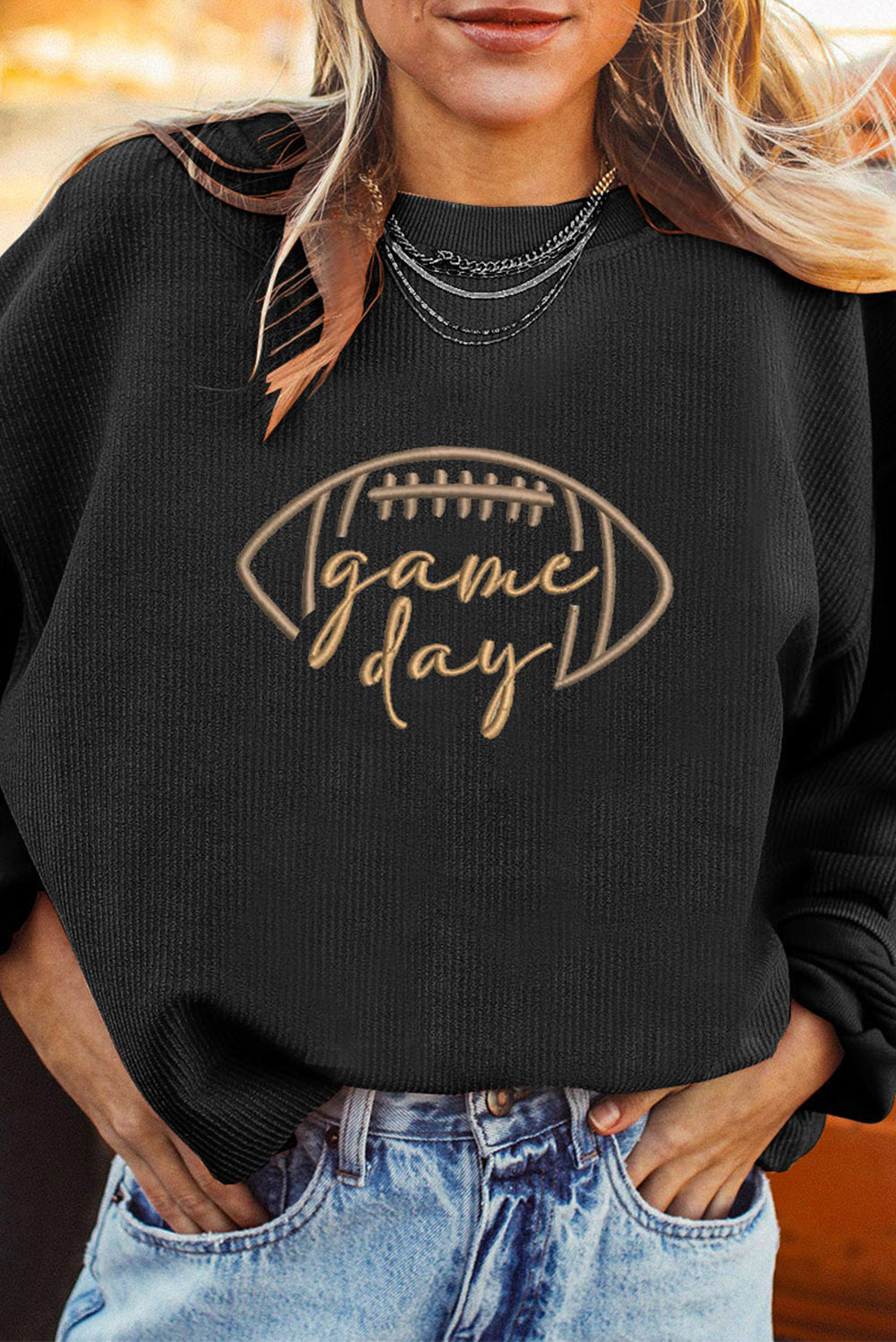 Black Football Game Day Embroidered Corduroy Sweatshirt