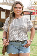 Khaki Plus Size Geometric Print Ruffled Sleeve Blouse