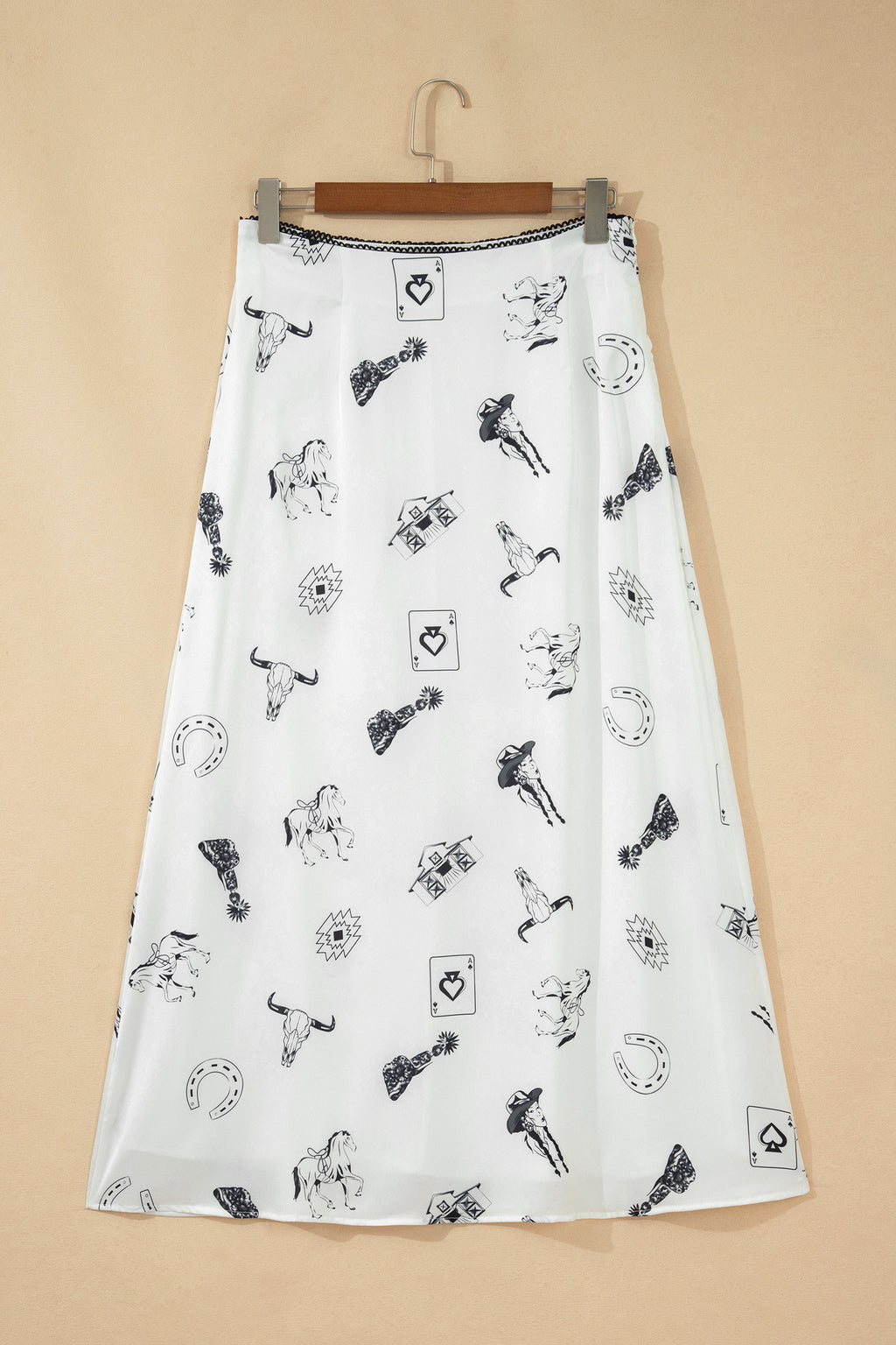 White and Black Western Print Satin Long Skirt