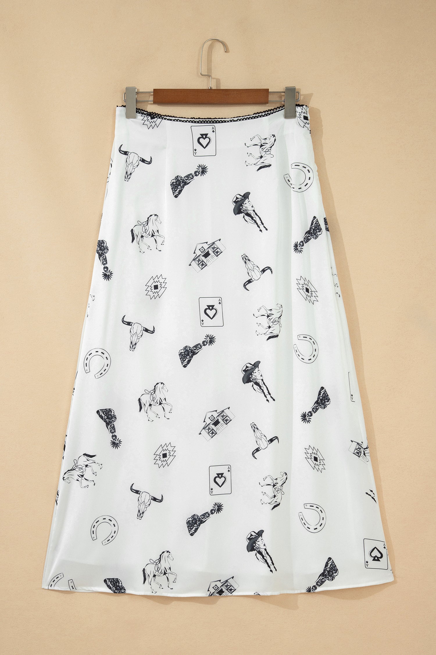 White and Black Western Print Satin Long Skirt