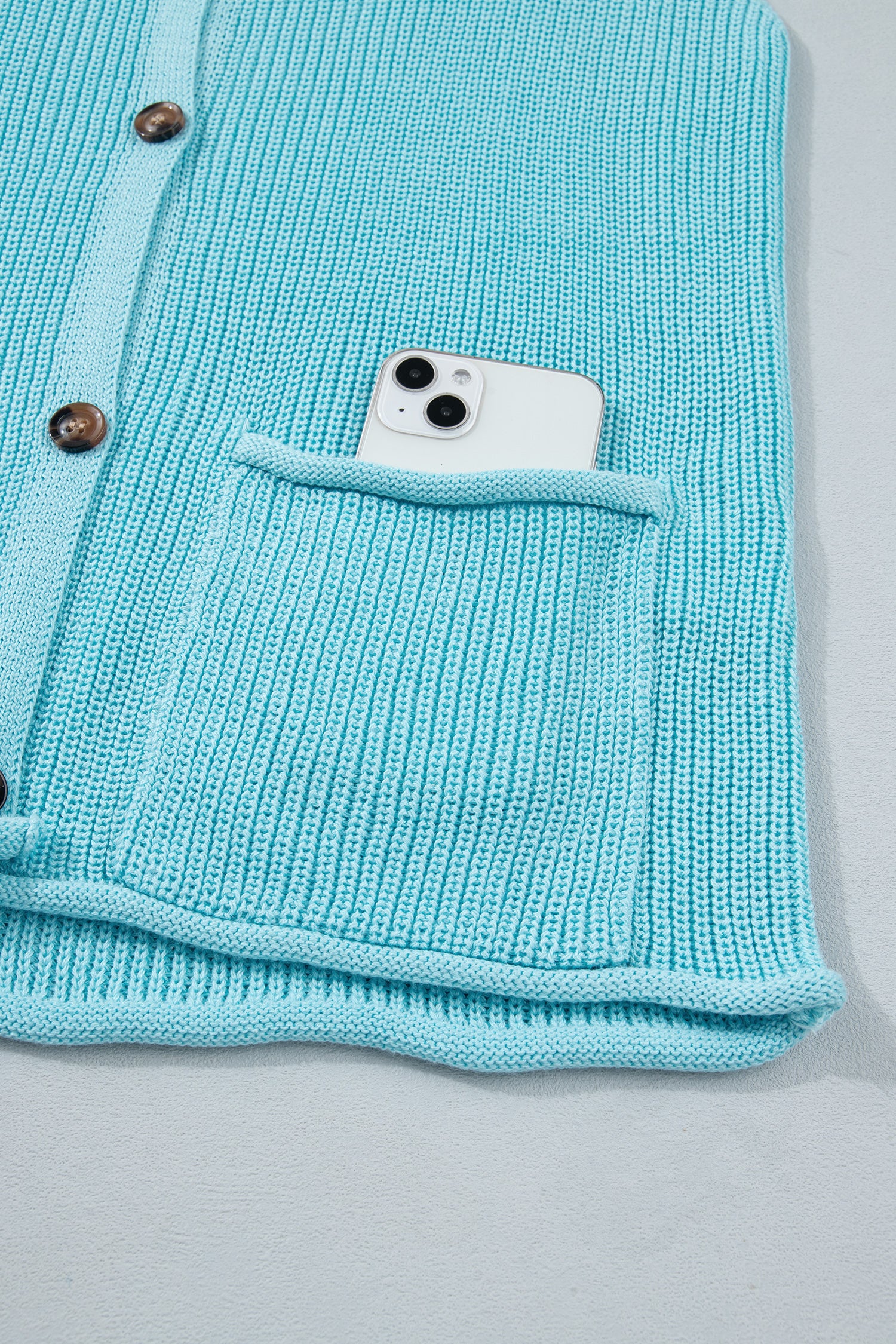 Mist Blue Solid Color Knit V Neck Button Front Sweater Vest