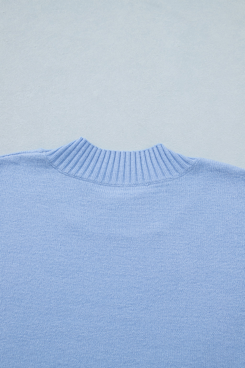 Beau Blue Solid Color Ribbed Trim Round Neck Ruffle Short Sleeve Sweater