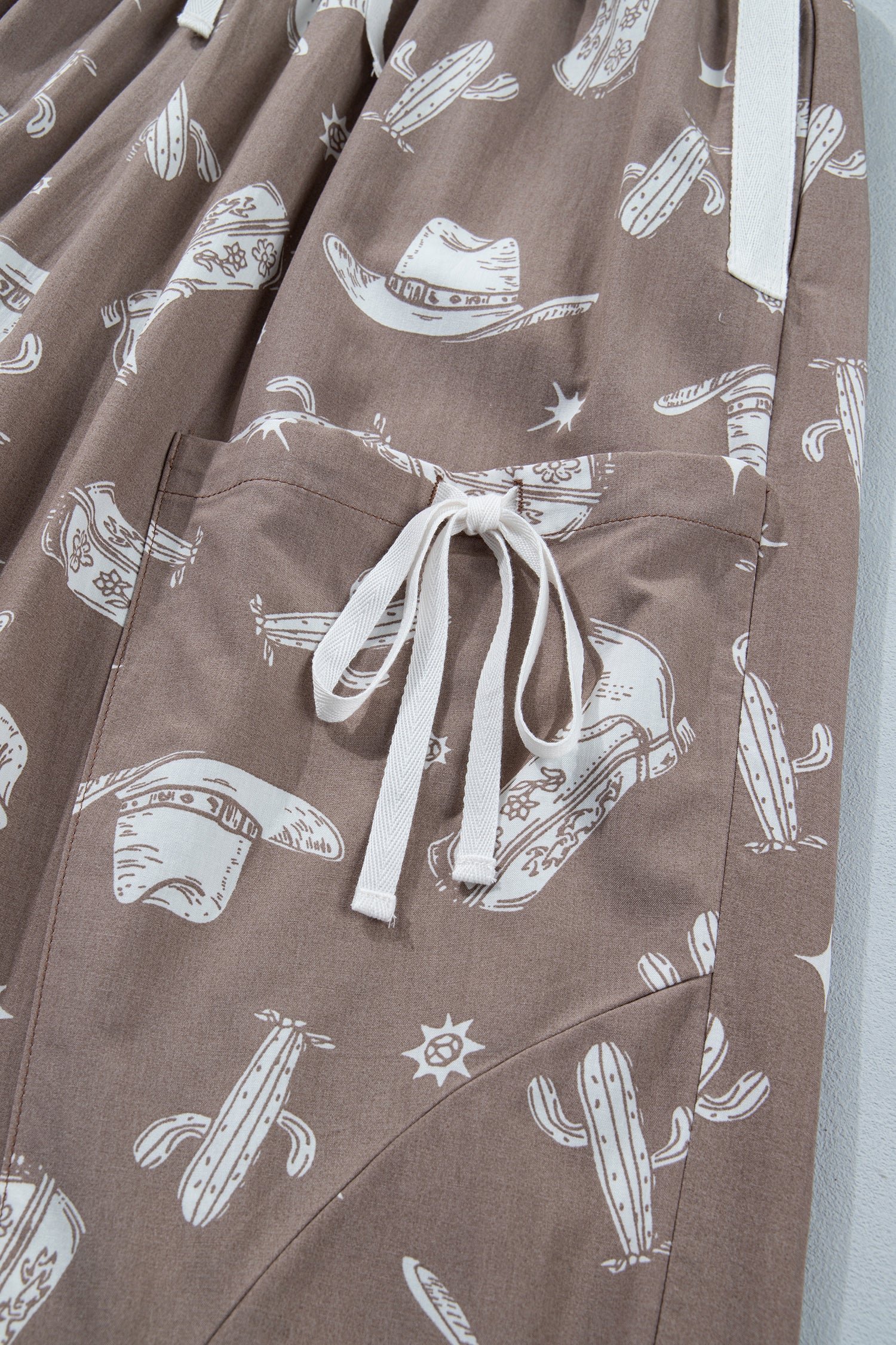 Khaki Western Cactus Cowgirl Hat Boot Printed Vintage Drawstring Jogger Pants