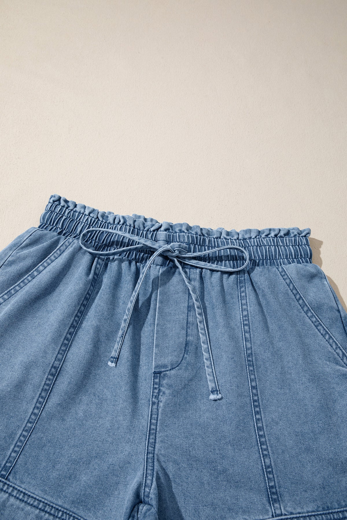 Dusk Blue Smocked Elastic Waist Denim Shorts