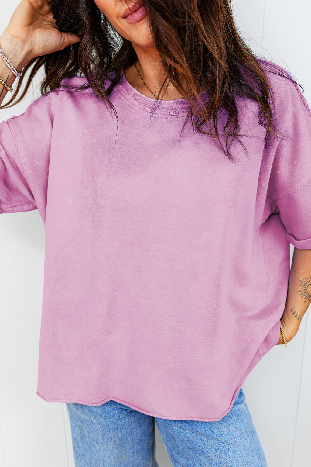 Lavender Mineral Wash Drop Shoulder Raw Edge Loose Tee