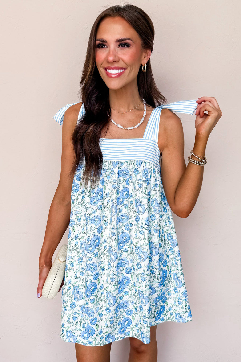 Sky Blue Floral Print Striped Patchwork Bow Knot Straps Mini Dress
