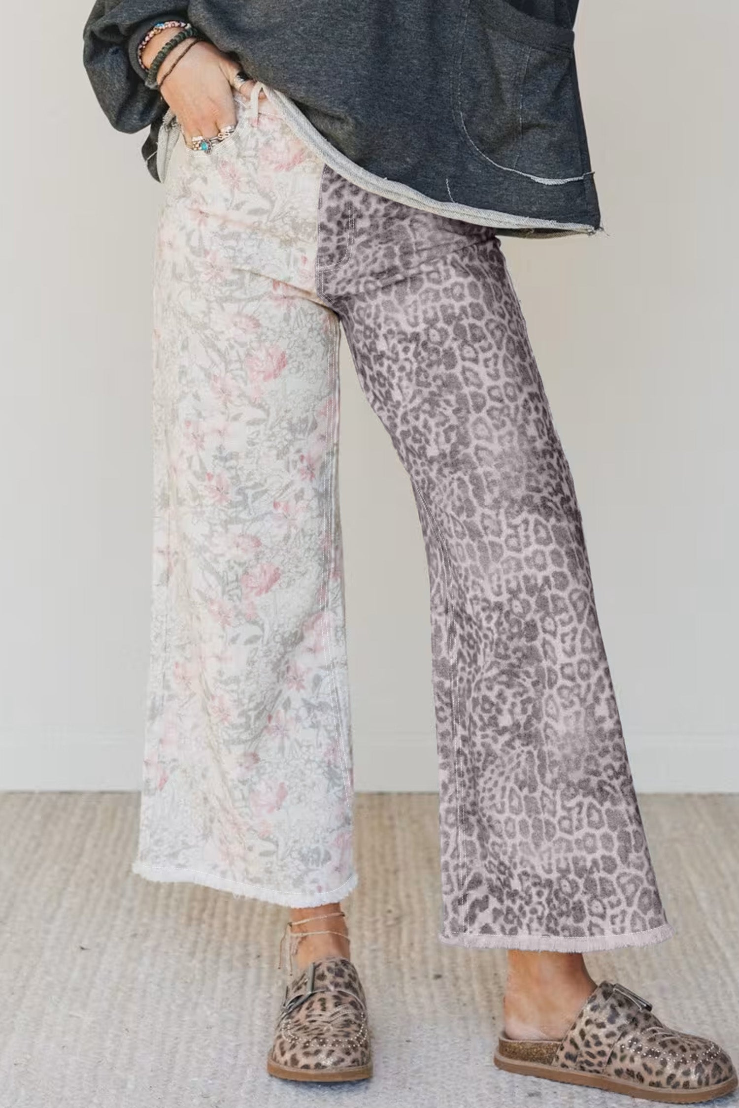 Multicolor Retro Floral Leopard Contrast Patchwork Raw Hem Jeans
