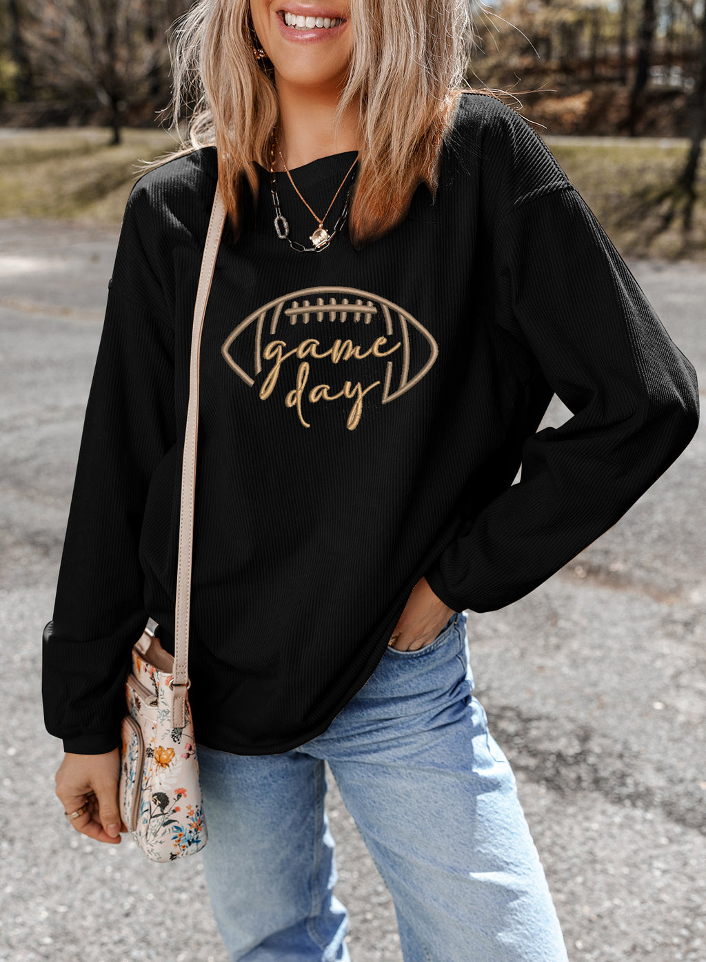 Black Football Game Day Embroidered Corduroy Sweatshirt