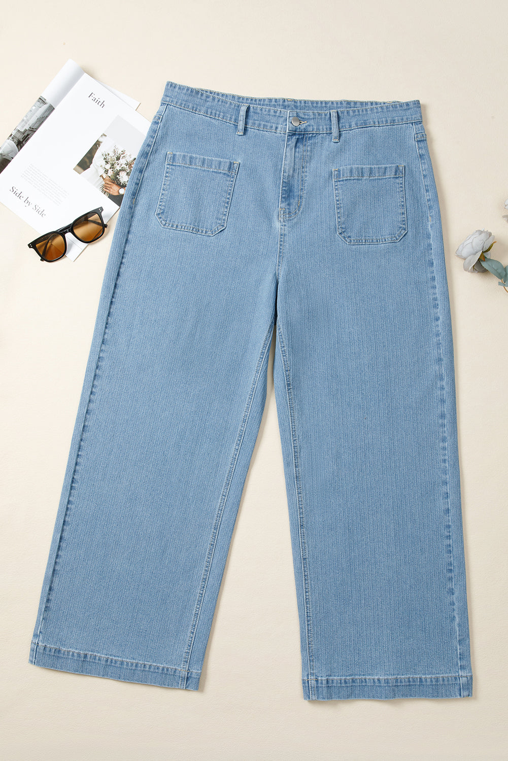 Dusk Blue Patched Pocket Textured Wide Leg Plus Size Jeans