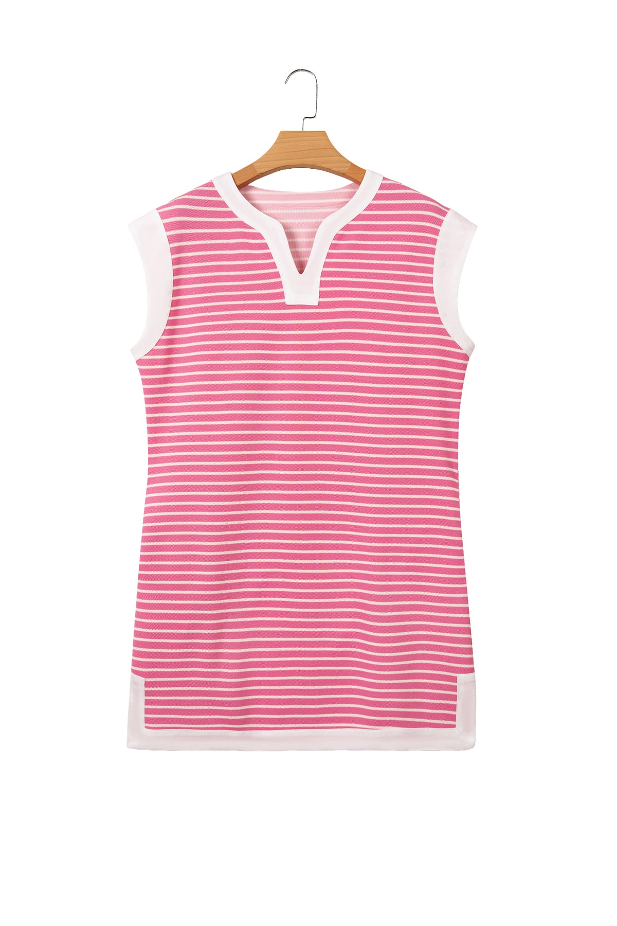Pink Stripe Color Block Trim Notched Neck Sleeveless Shift Mini Dress