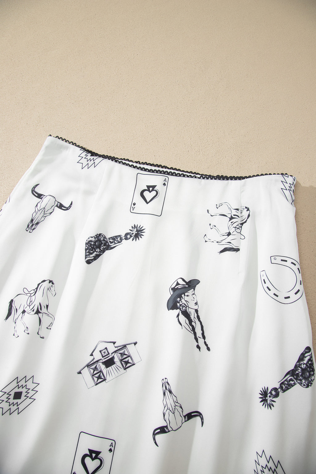 White and Black Western Print Satin Long Skirt