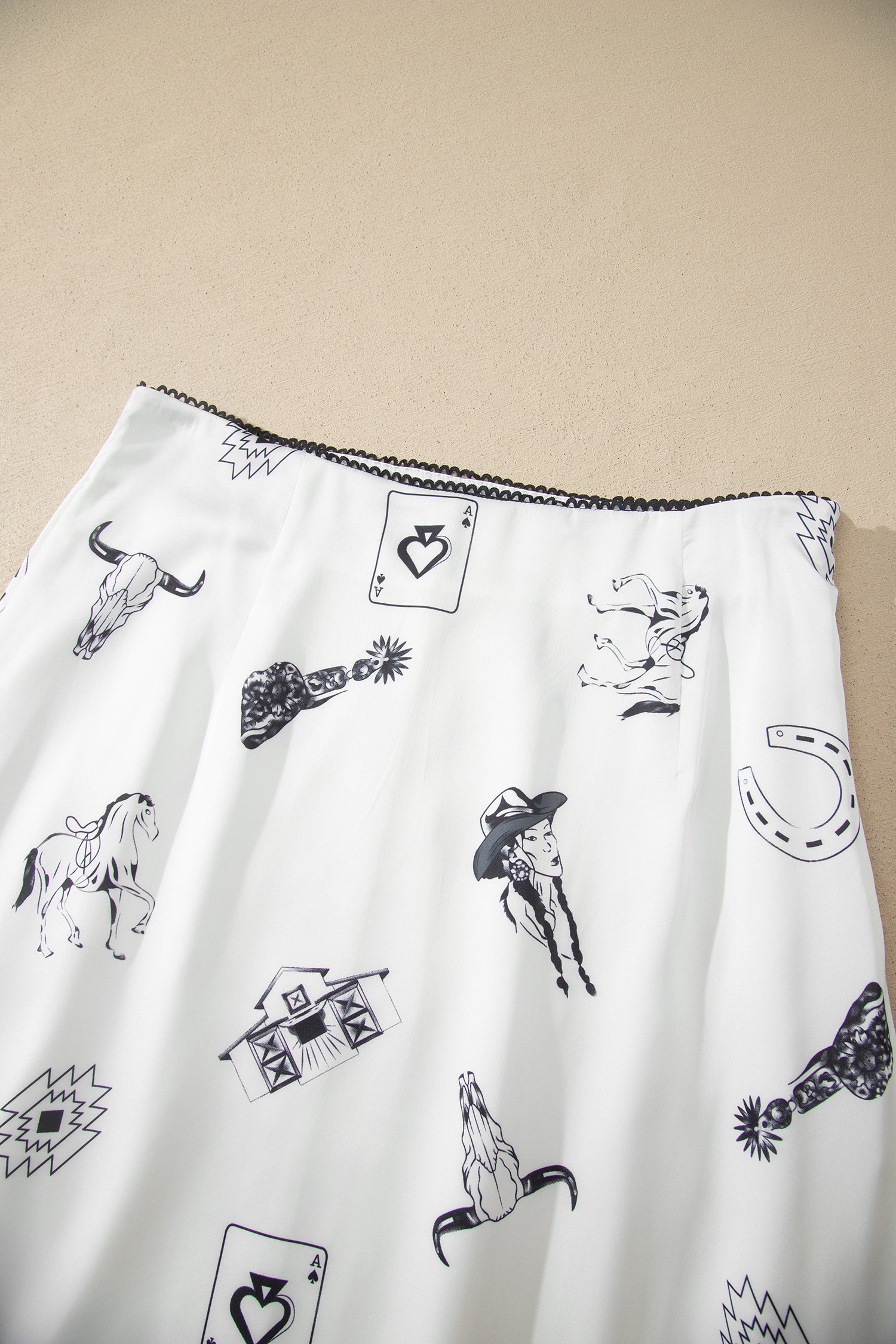 White and Black Western Print Satin Long Skirt