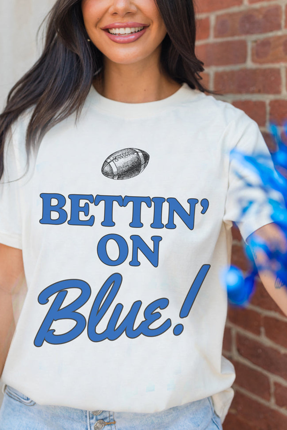 White Football BETTIN ON BLUE Graphic Crewneck T Shirt