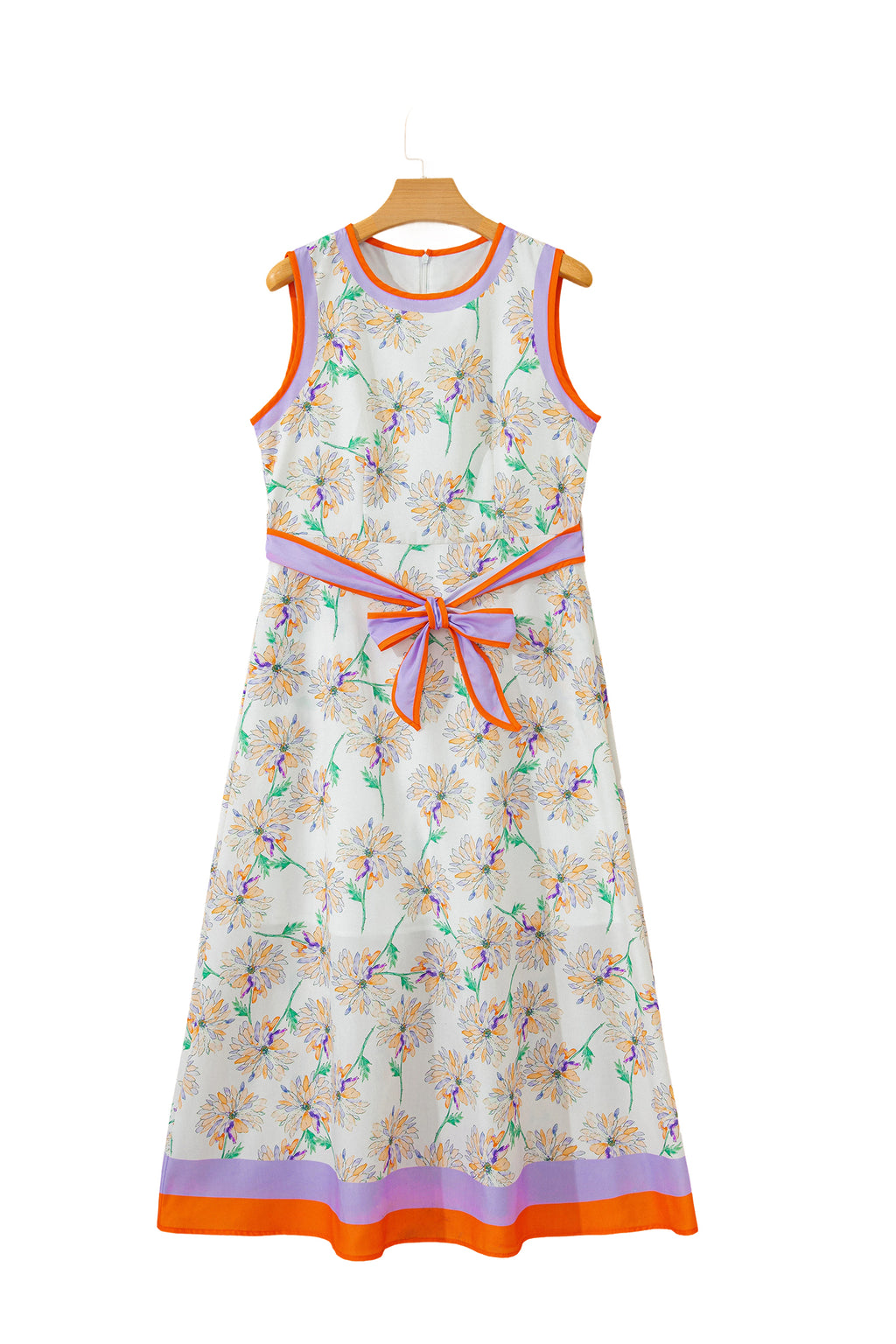 White Floral Print Color Block Trim Belted Sleeveless Maxi Dress