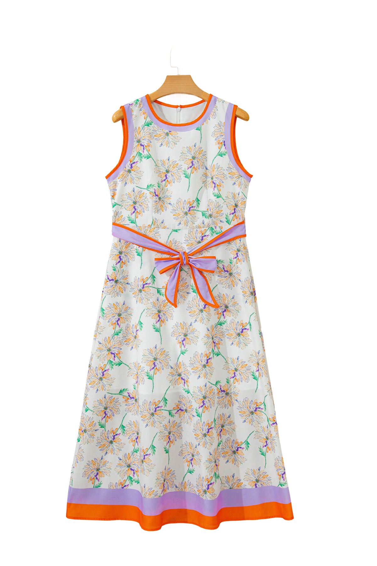 White Floral Print Color Block Trim Belted Sleeveless Maxi Dress