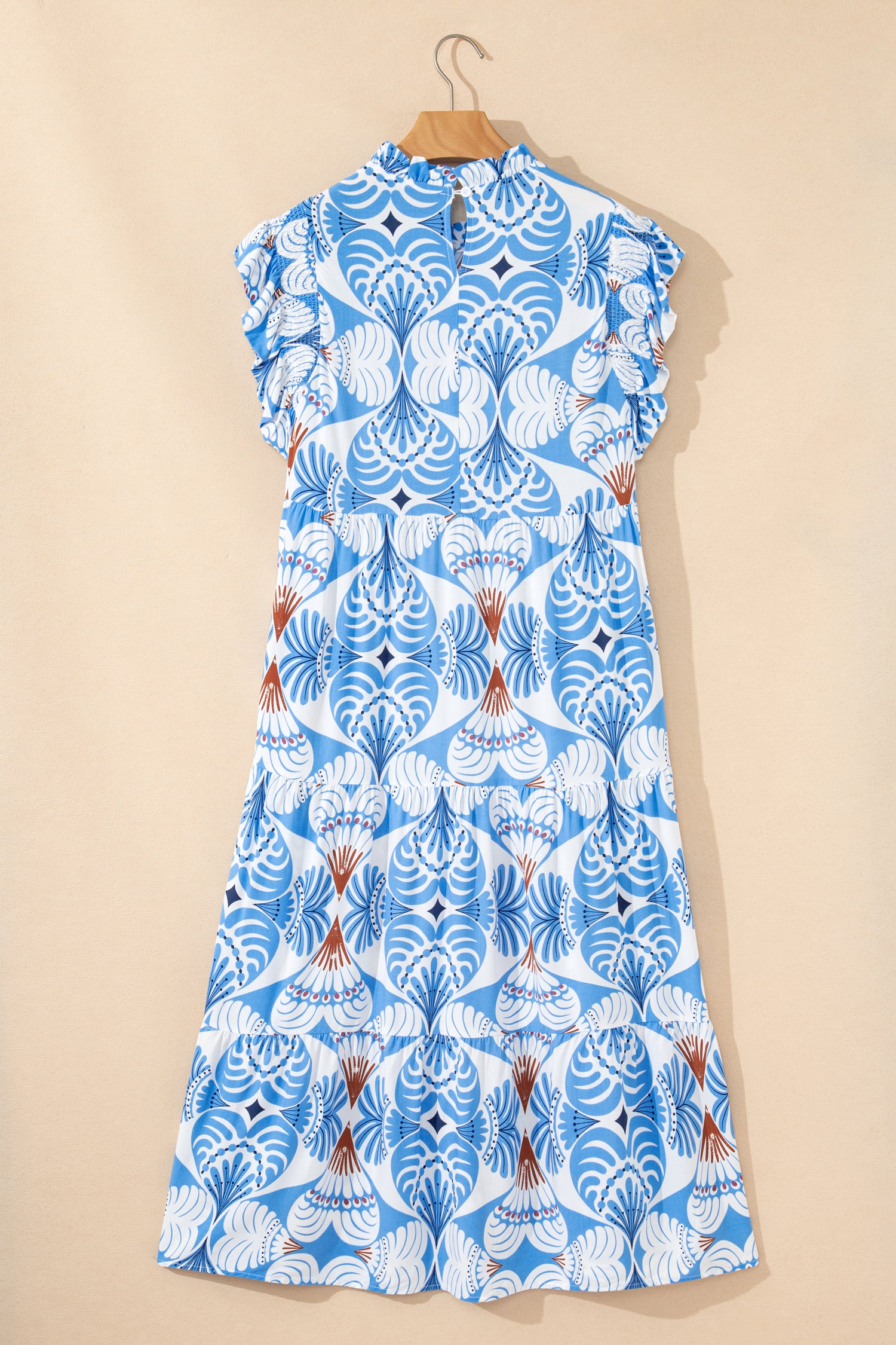 Sky Blue Tropical Botanic Print Flutter Sleeve Vacation Long Dress