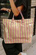 Pink Glossy Striped Vinyl Large Tote Bag