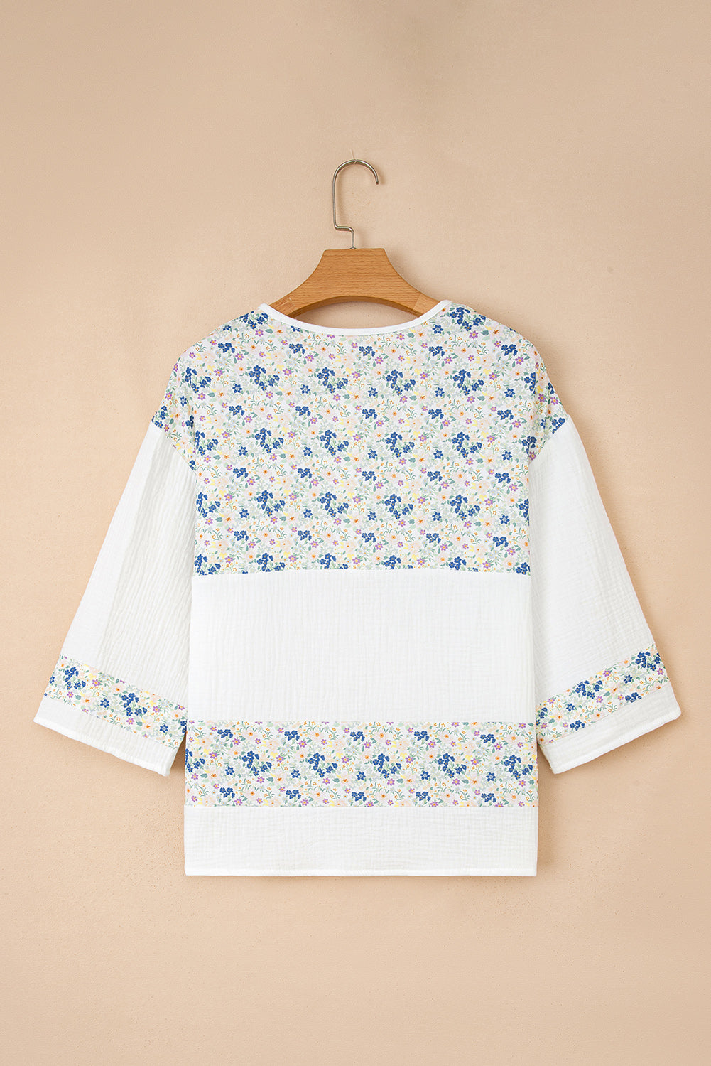 Sky Blue Floral Print Gauze Patchwork Henley Button 3/4 Sleeve Blouse