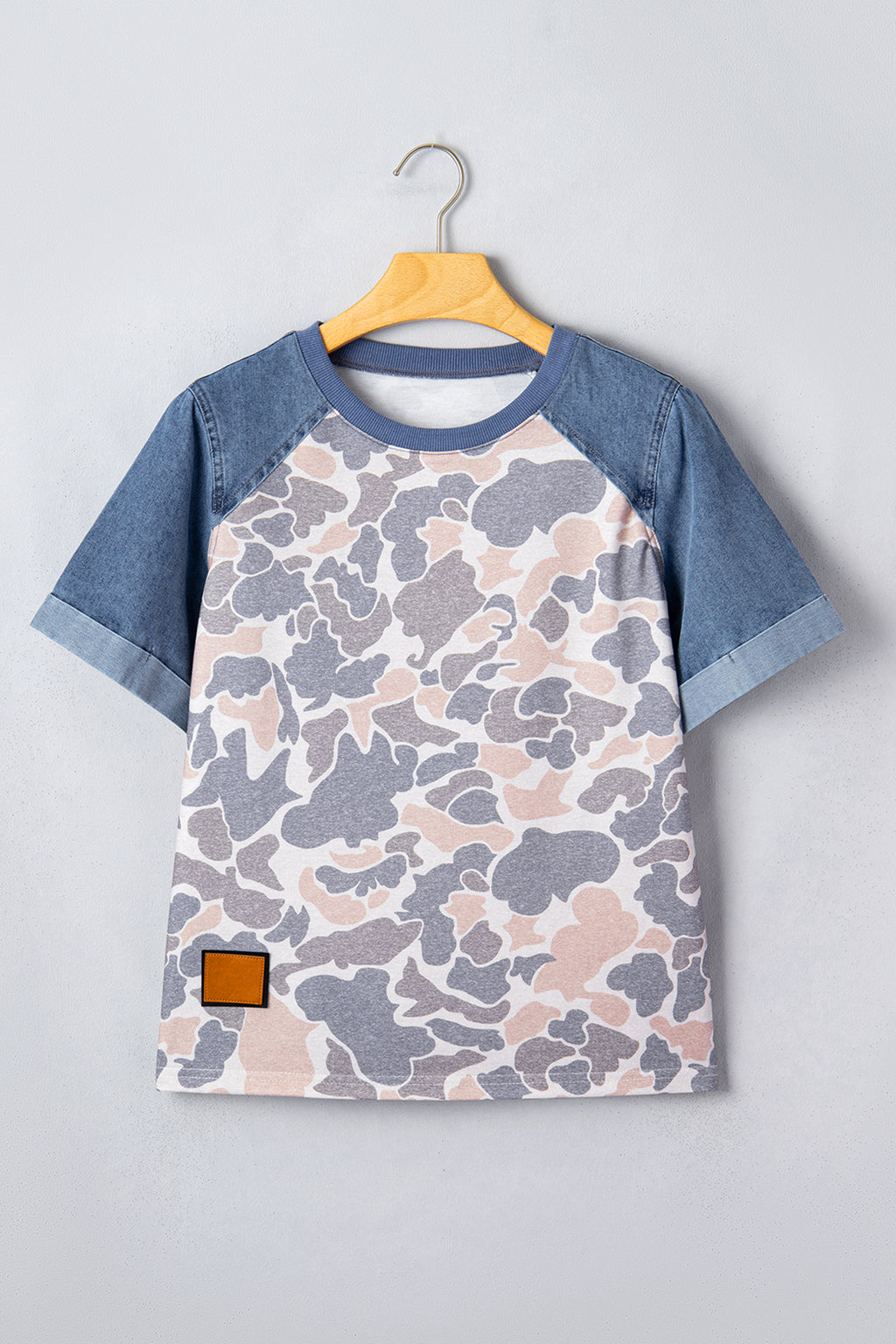 Multicolor Camouflage Print Denim Color Block Sleeve Casual Tee