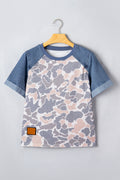 Multicolor Camouflage Print Denim Color Block Sleeve Casual Tee