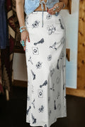 White and Black Western Print Satin Long Skirt