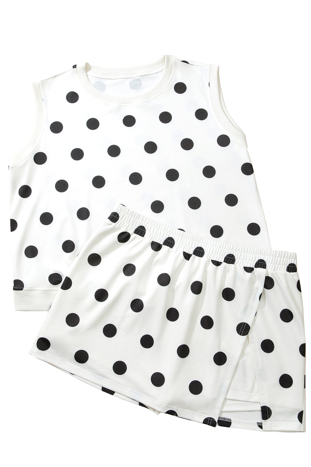 White Plus Size Polka Dot Printed Tank Split Skort 2pcs Outfit