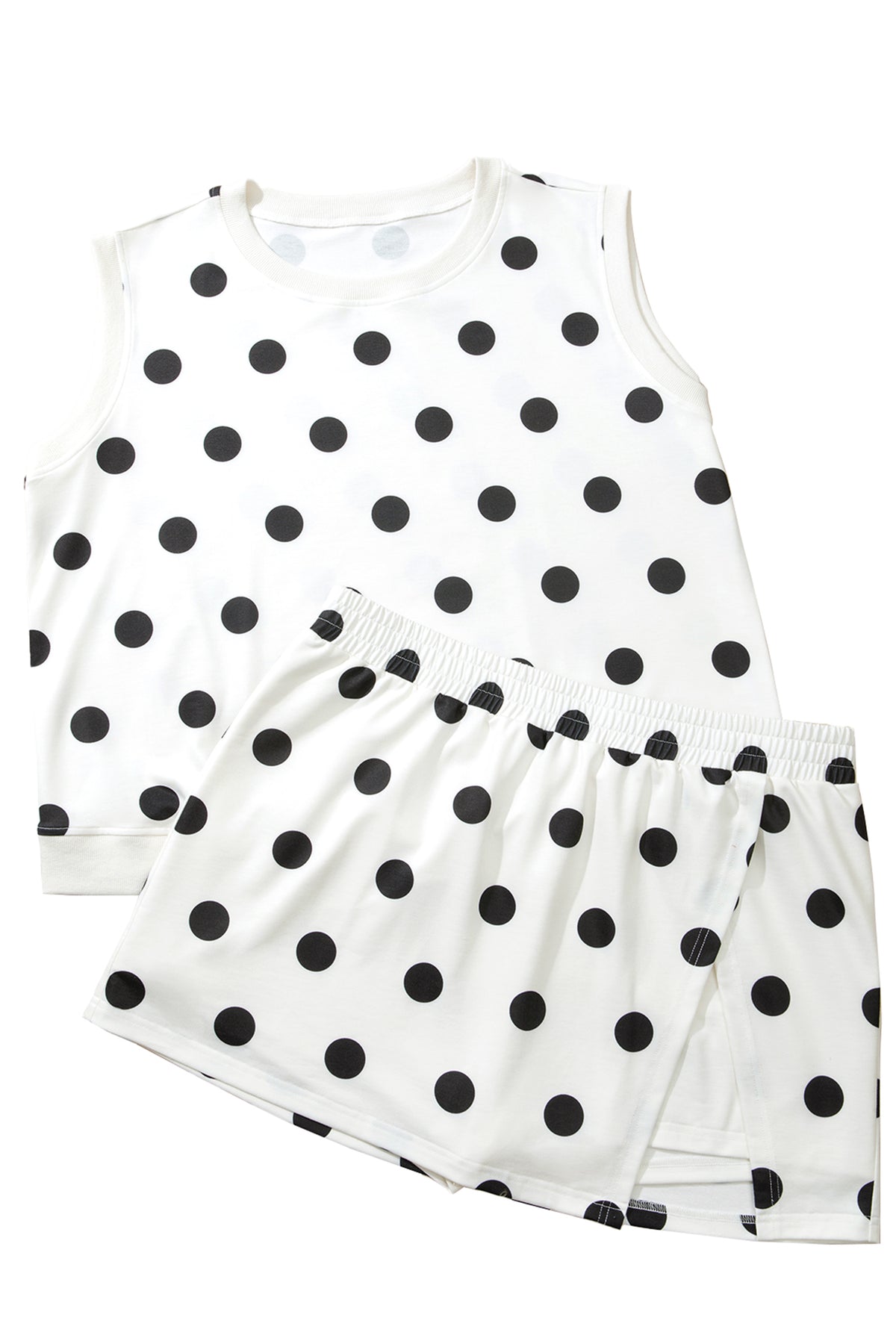 White Plus Size Polka Dot Printed Tank Split Skort 2pcs Outfit