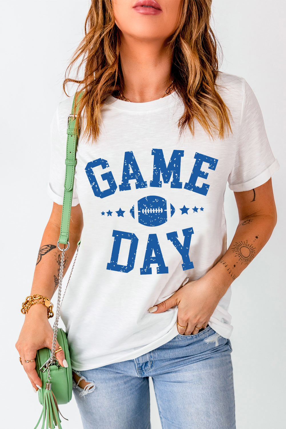 White GAME DAY Football Graphic Crewneck T Shirt
