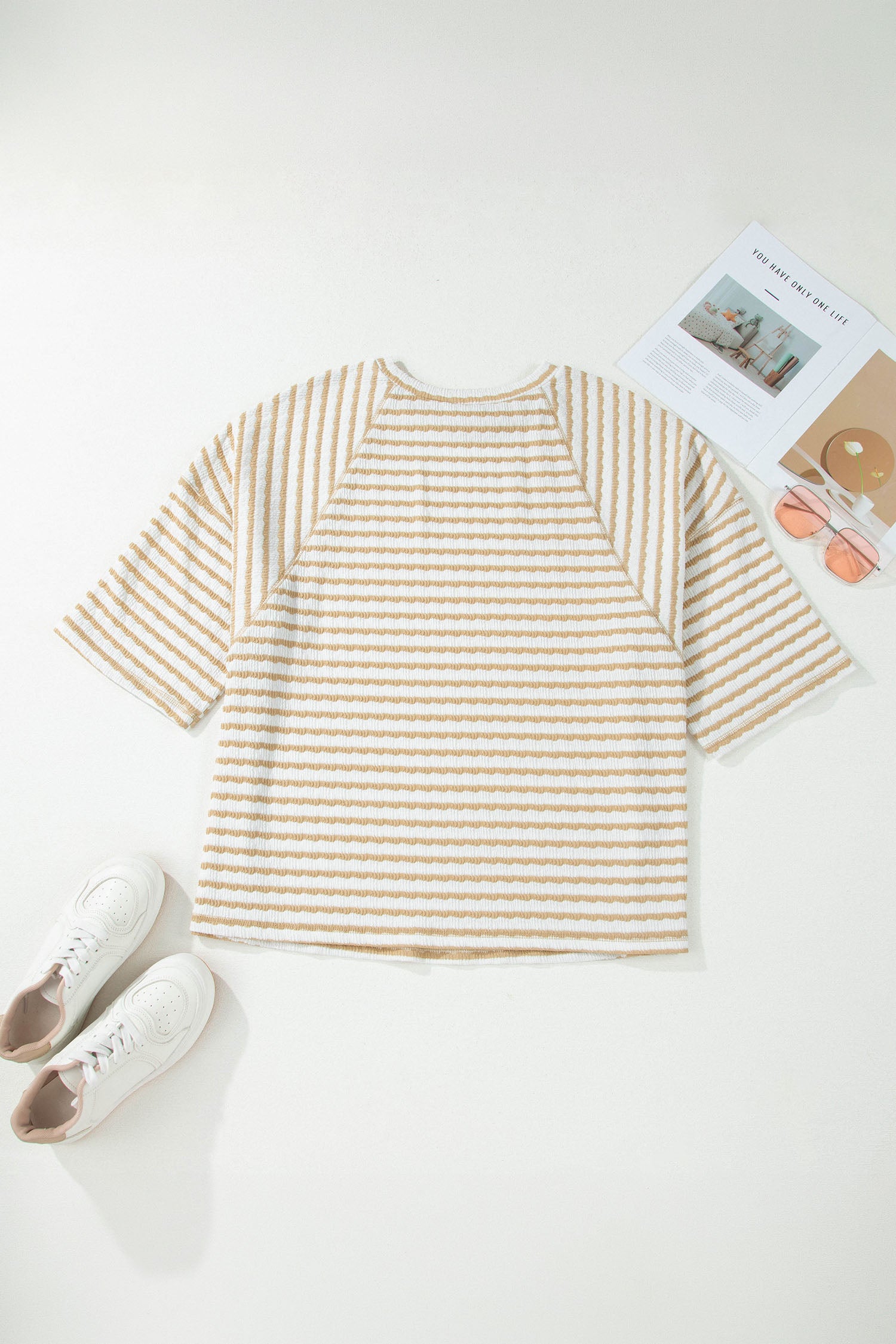 Apricot Stripe Plus Size Textured Patchwork Detail Half Sleeve Top
