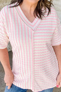 Pink Stripe Plus Size V Neck Exposed Seam Patchwork T Shirt