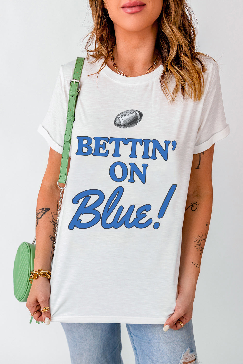 White Football BETTIN ON BLUE Graphic Crewneck T Shirt