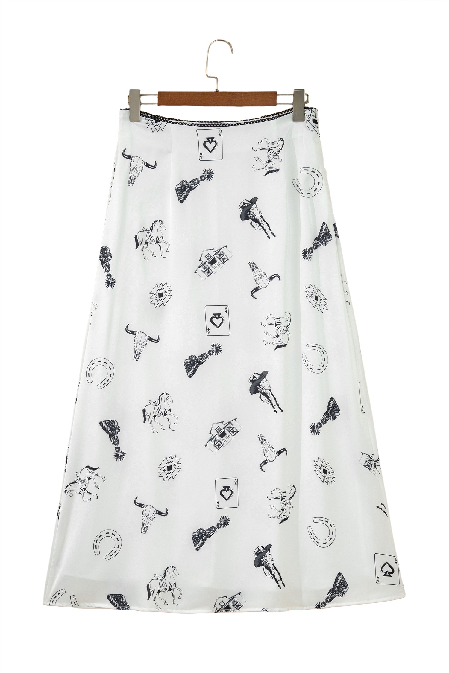 White and Black Western Print Satin Long Skirt