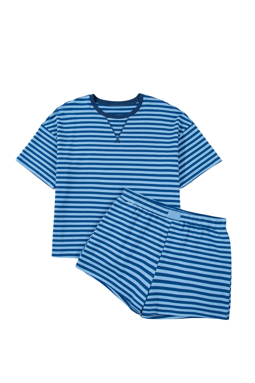 Blue Stripe Plus Size Dropped Shoulder Tee and Shorts Two-Piece Set