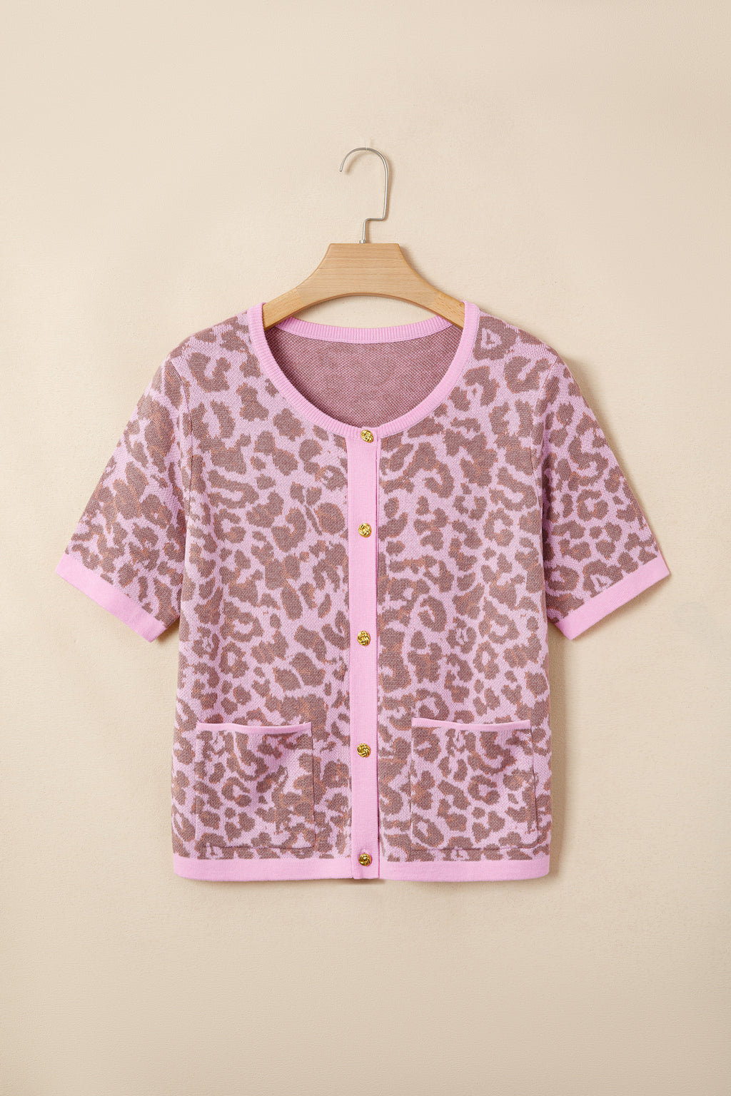Pink Leopard Button Down Short Sleeve Sweater Cardigan