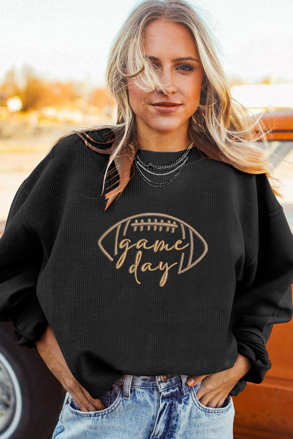 Black Football Game Day Embroidered Corduroy Sweatshirt