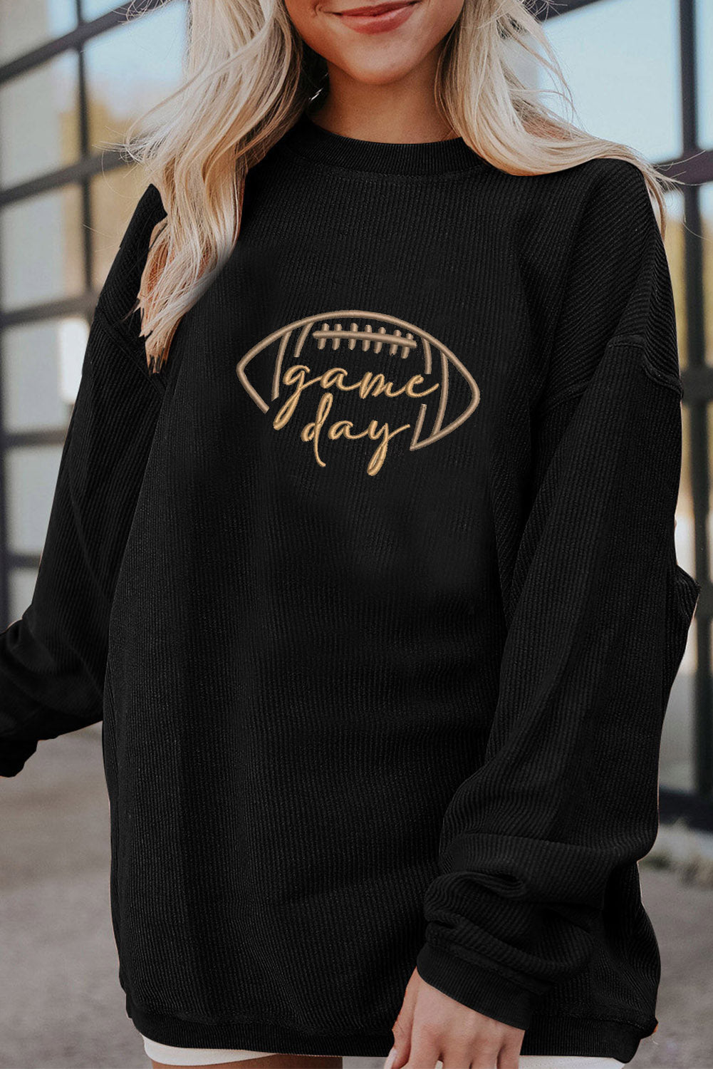 Black Football Game Day Embroidered Corduroy Sweatshirt