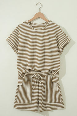 Brown Stripe Breathable Textured Knit Short 2pcs Set