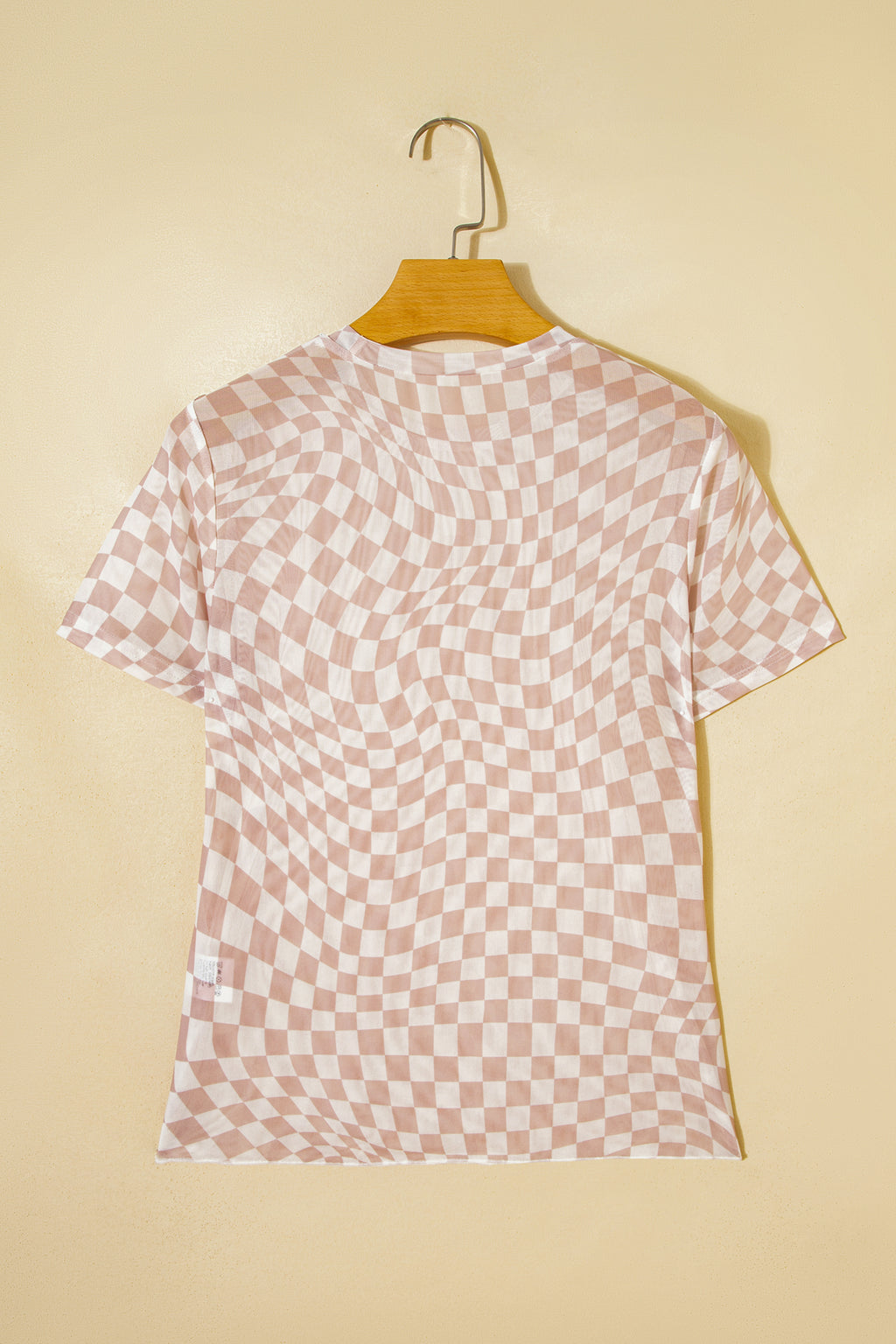 Khaki Checkered Print Mock Neck Mesh T Shirt