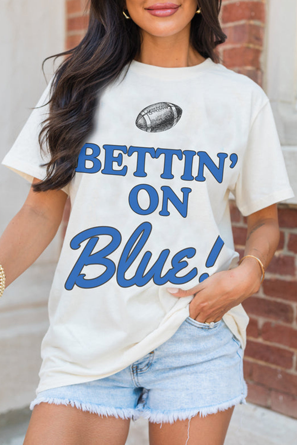 White Football BETTIN ON BLUE Graphic Crewneck T Shirt