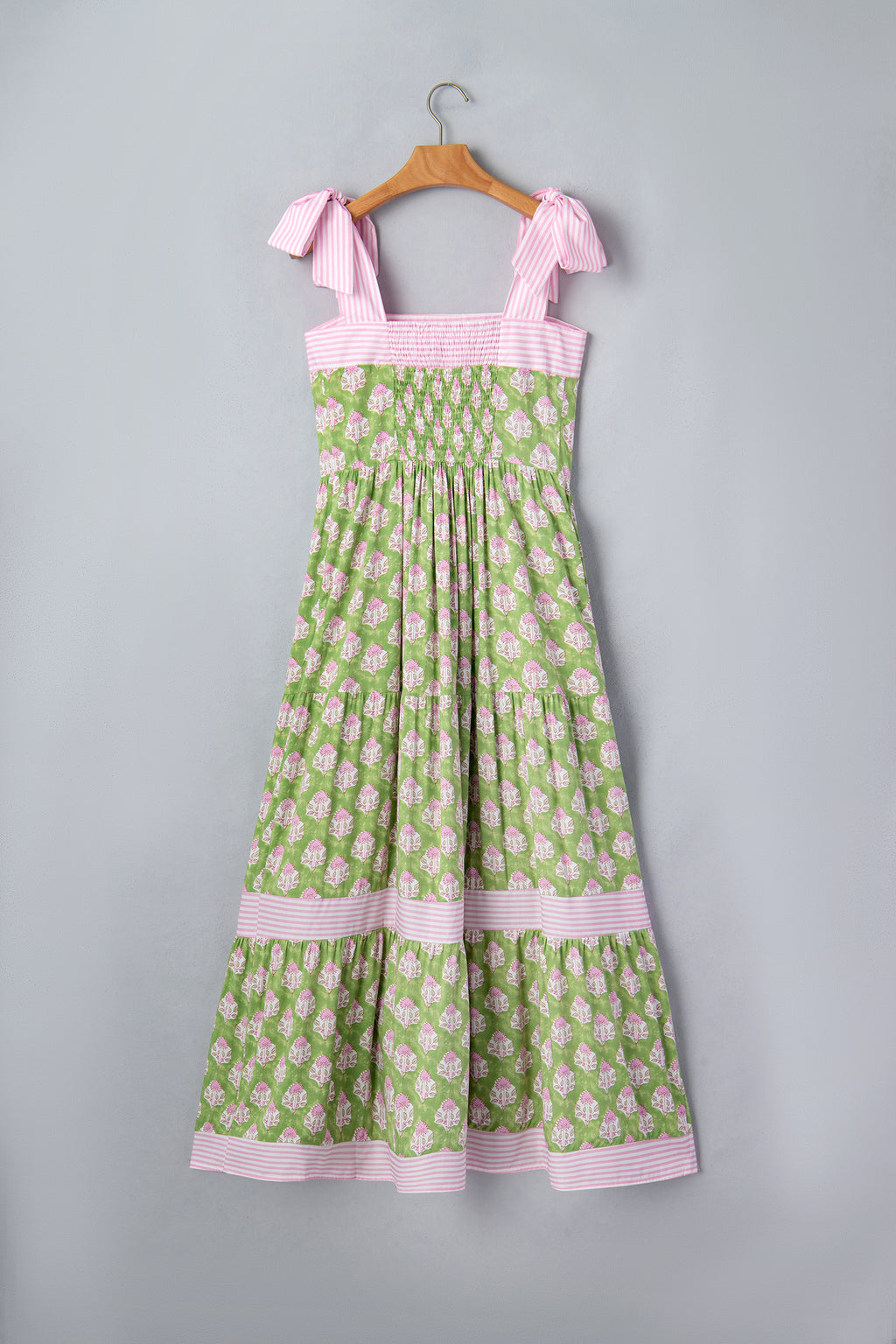 Green Floral Print Striped Detail Knot Straps Maxi Dress